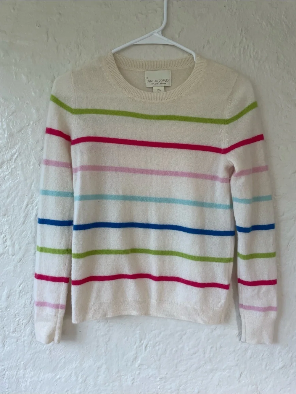 Cynthia Rowley 2-ply 100% cashmere white colorful striped pullover sweater; S